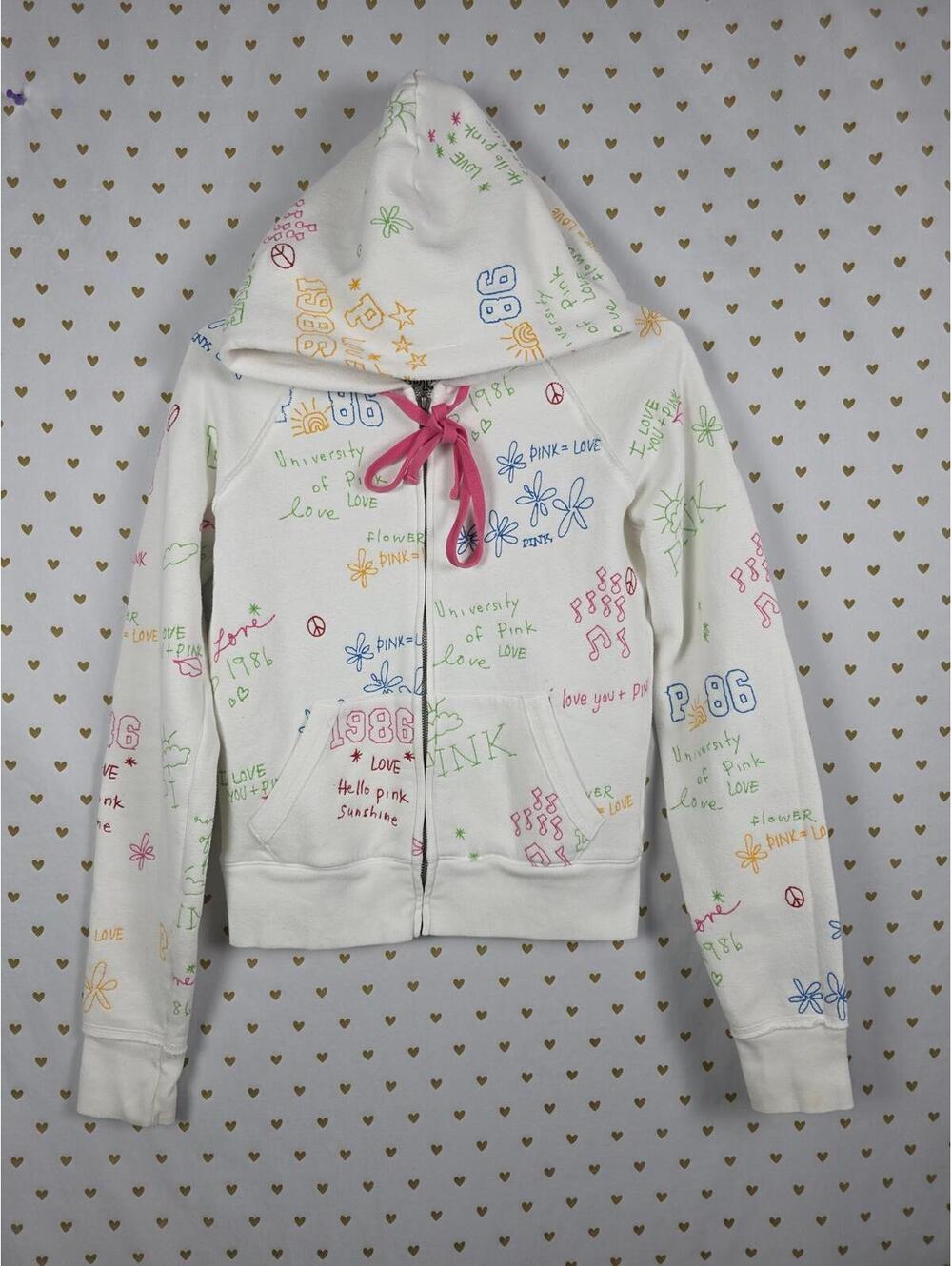 Victorias Secret Pink RARE Vintage Stitched Graffitti Hoodie Jacket 2008 MEDIUM
